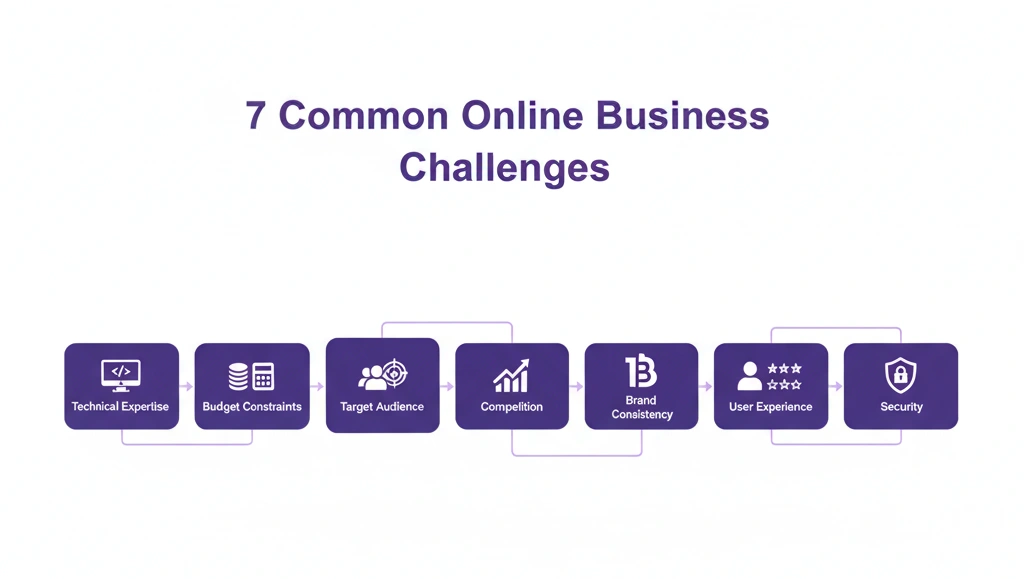 Infographic showing seven common challenges businesses face when going online including technical expertise, budget, and user experience