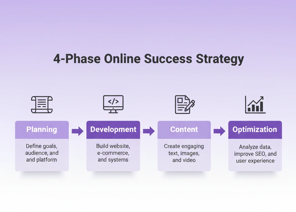 Four-phase strategy diagram for successful business online transformation from planning to optimization